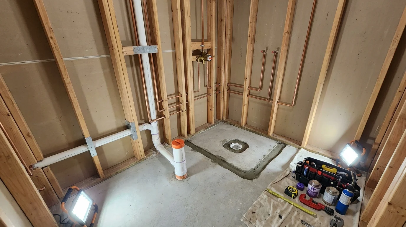 Bathroom rough-in plumbing during remodel by Johns Plumbing LLC in Rio Rancho