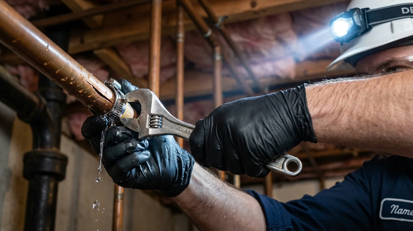 Emergency pipe clamp repair being performed by a Johns Plumbing LLC plumber in Rio Rancho