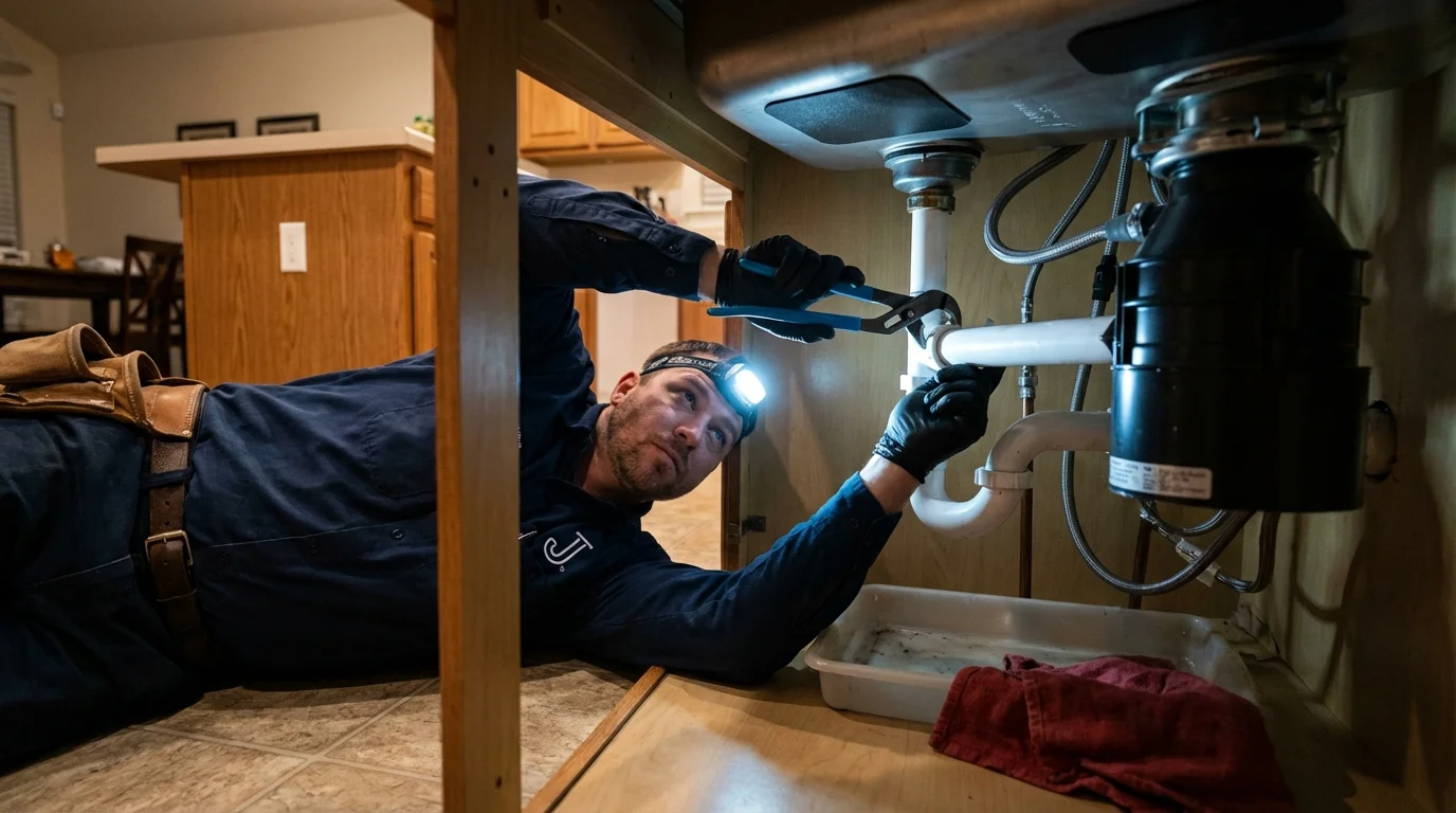 P-trap and supply line connections under a kitchen sink showing a common leak point in Rio Rancho, NM